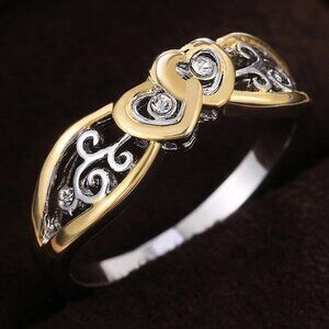 💥 Lovely Double Heart Carved Flower Two Color Plated Rings for Women, PD697